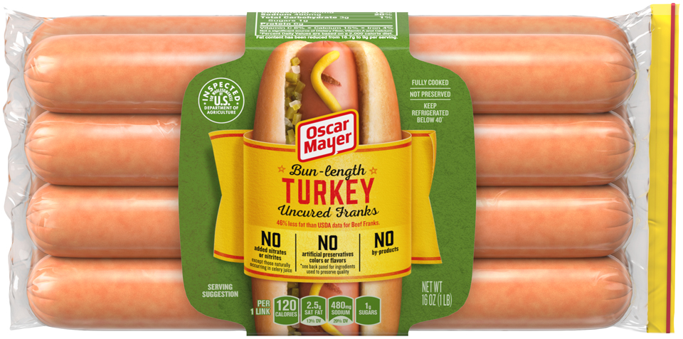 Oscar Mayer Hot Dogs; Bun Length, Angus Beef, Turkey & Pork + Buns.